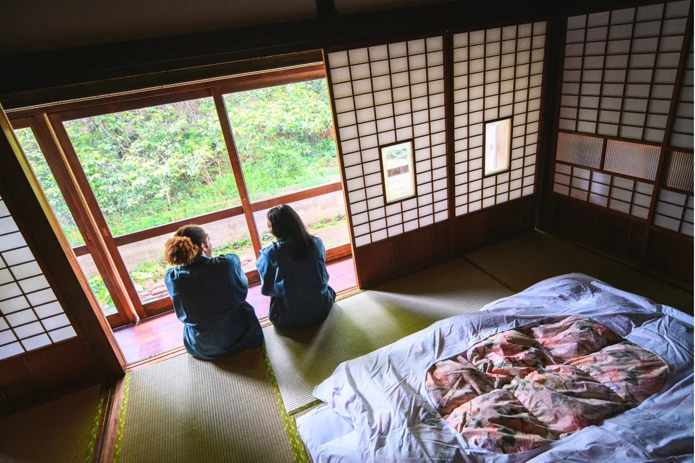 Traditional ryokan room with a garden view