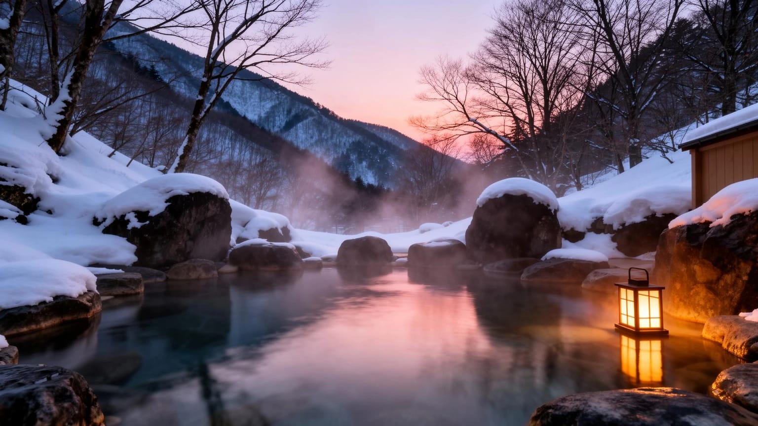 Outdoor onsen hot spring in winter Japan with snow and lantern